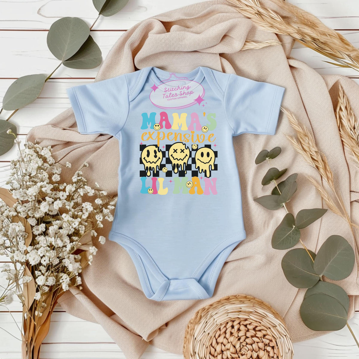 Mama's Expensive Lil Man Baby Onesie, Retro Smiley Bodysuit