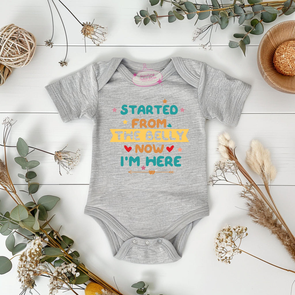 Started From The Belly Onesie, Funny Newborn Outfit, Baby Shower Gift