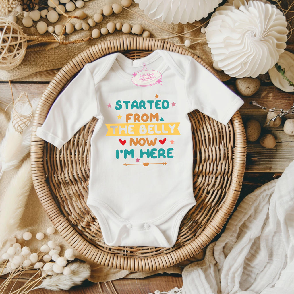 Started From The Belly Onesie, Funny Newborn Outfit, Baby Shower Gift