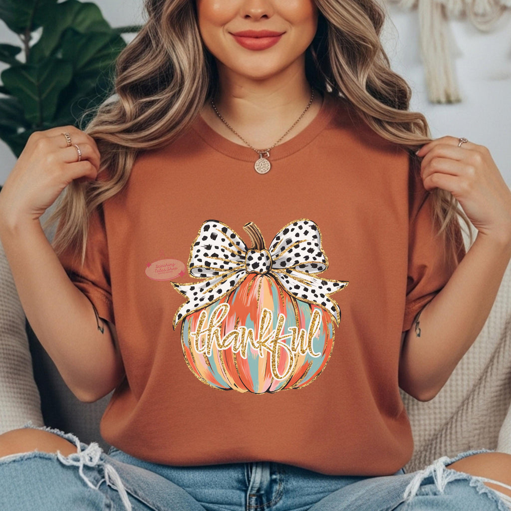 Thankful Pumpkin Comfort Colors Tee, Girly Fall Bow Shirt