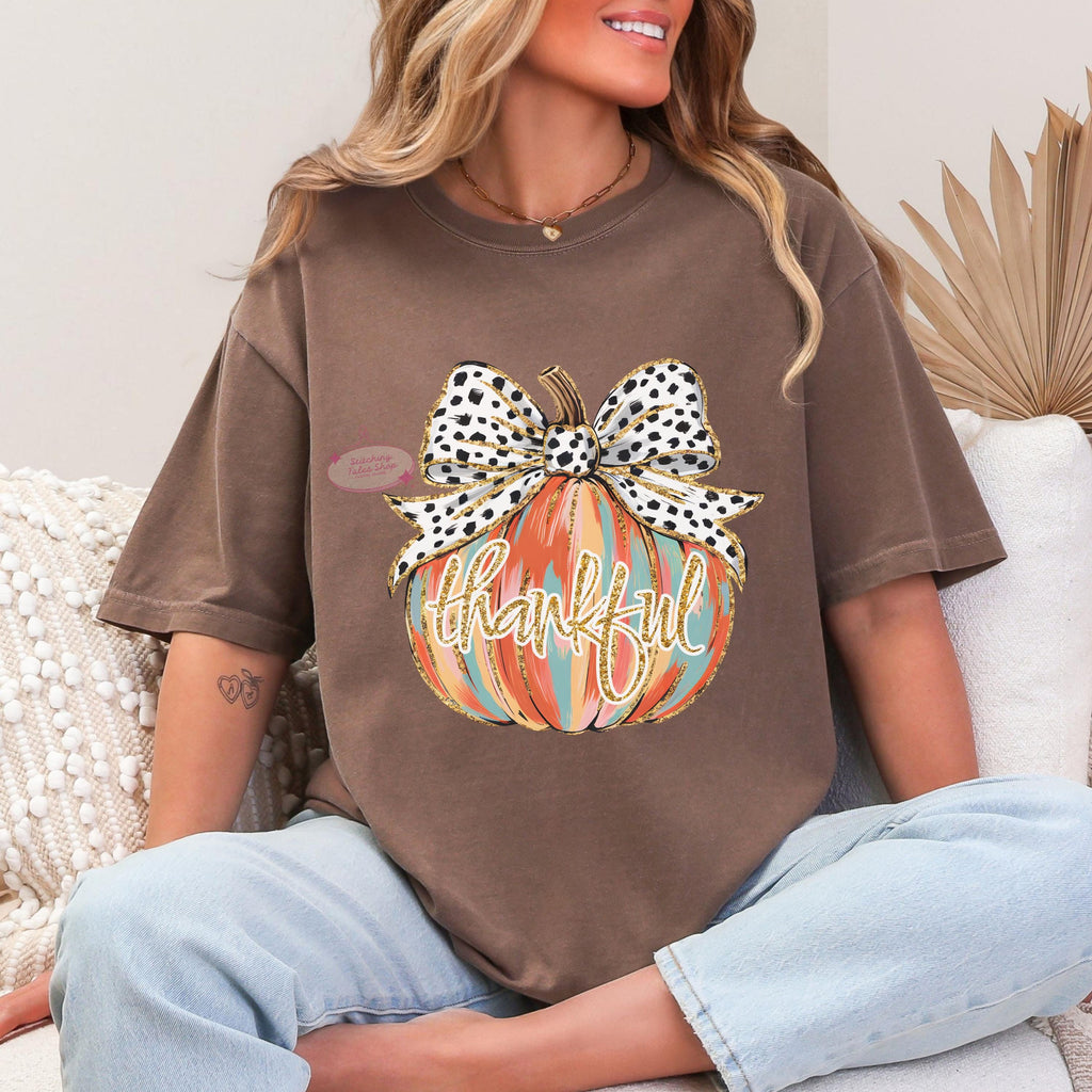 Thankful Pumpkin Comfort Colors Tee, Girly Fall Bow Shirt