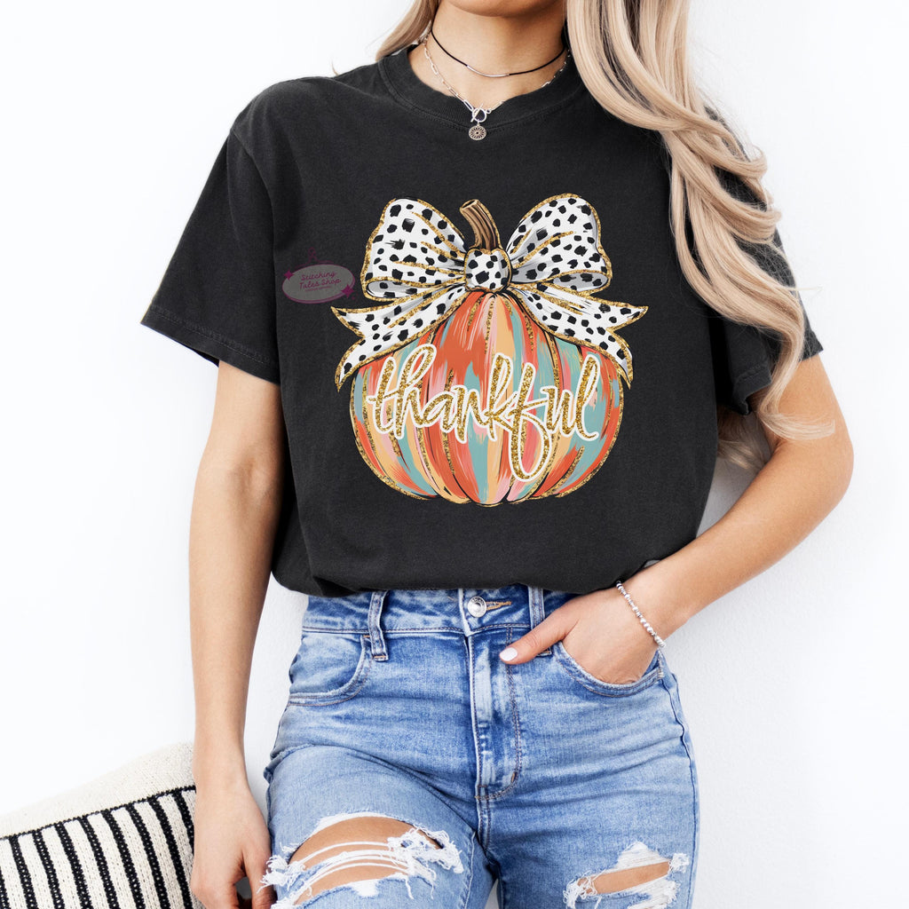 Thankful Pumpkin Comfort Colors Tee, Girly Fall Bow Shirt