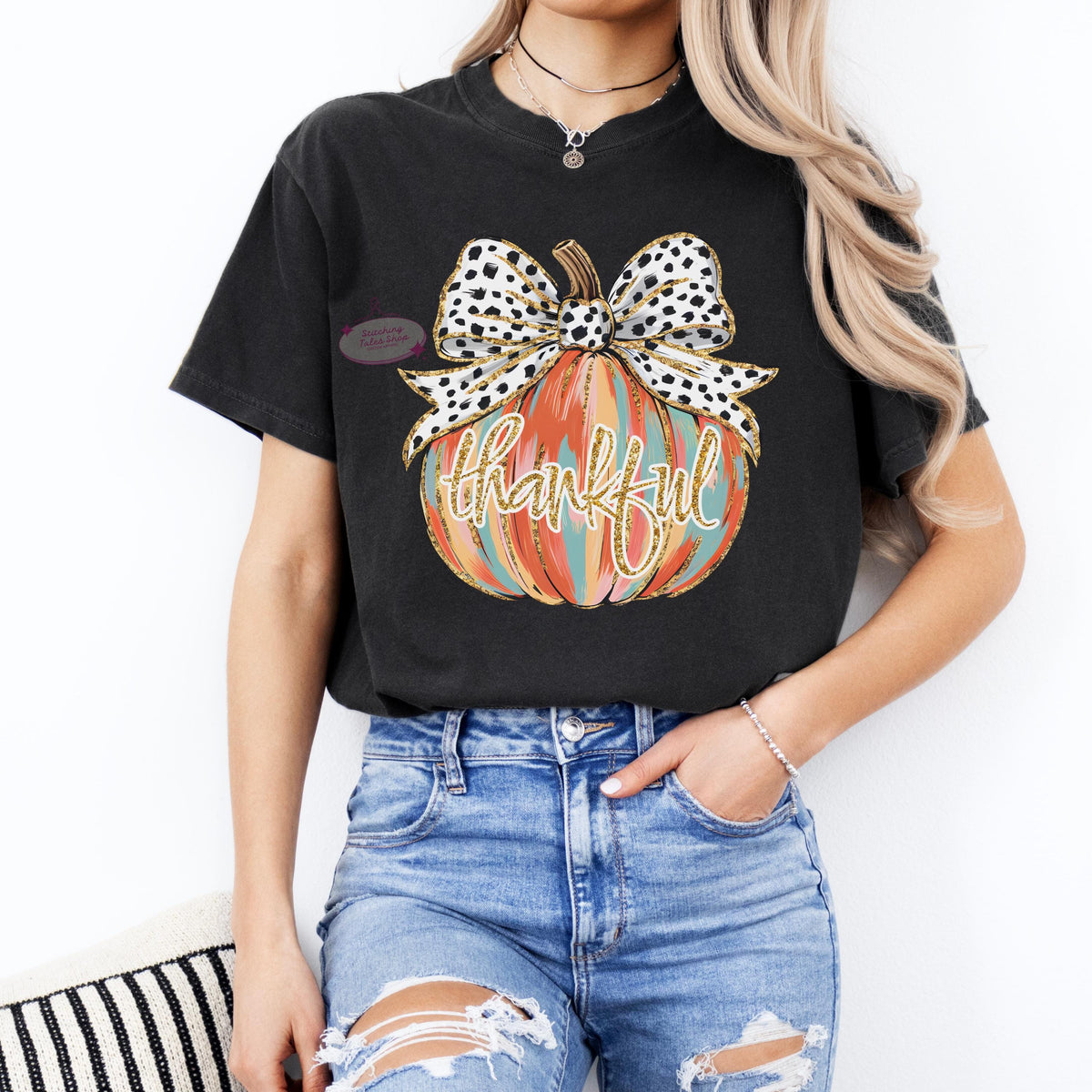 Thankful Pumpkin Comfort Colors Tee, Girly Fall Bow Shirt