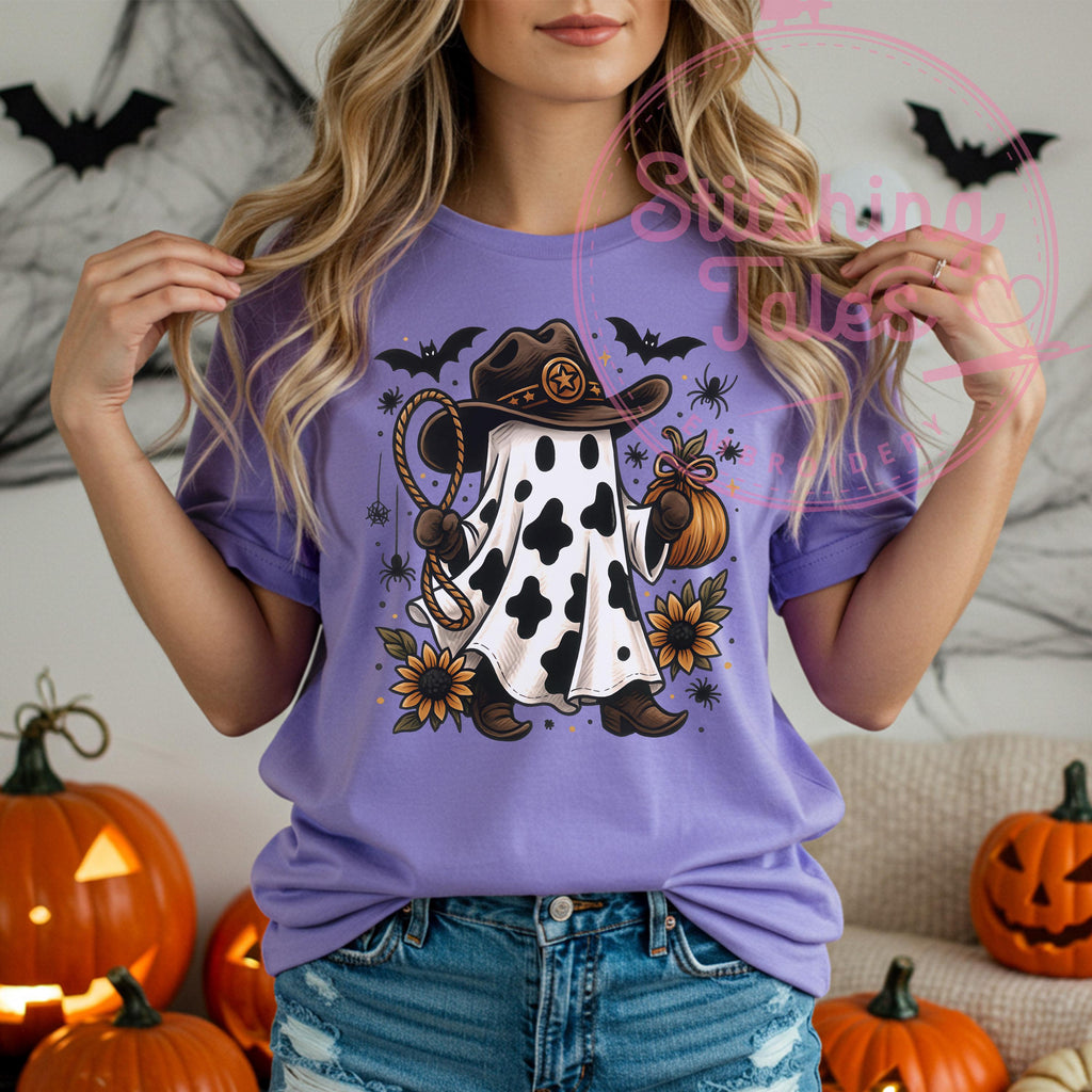 Cowprint Cowboy Ghost Comfort Colors Tee, Rustic Halloween Shirt