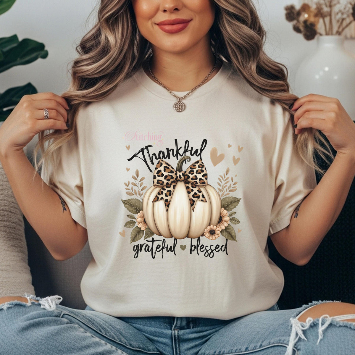 Thankful Grateful Blessed Shirt, Leopard Bow Pumpkin Tee, Comfort Colors