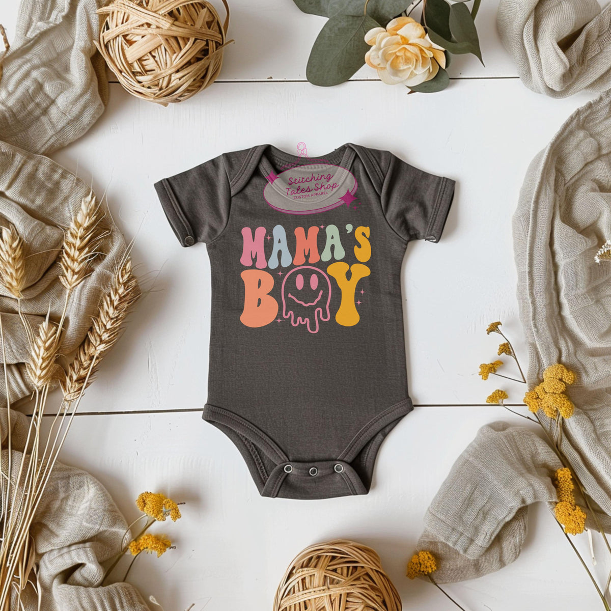 Mama's Boy Baby Onesie, Retro Smiley Face Bodysuit