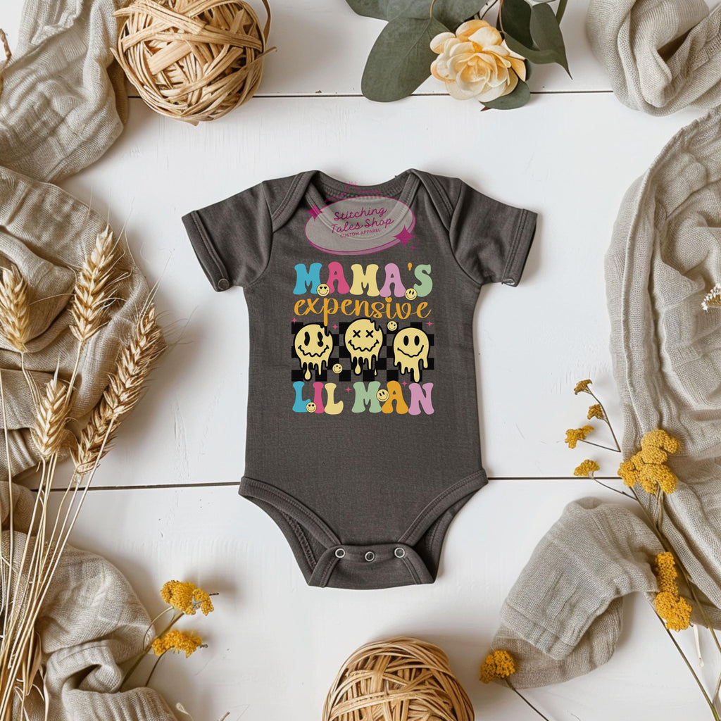 Mama's Expensive Lil Man Baby Onesie, Retro Smiley Bodysuit