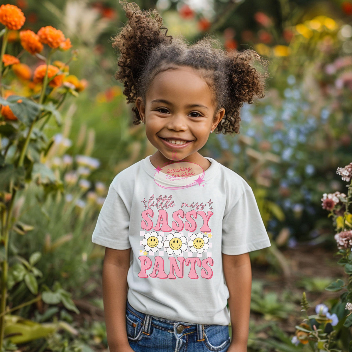Little Miss Sassy Pants Toddler Tee, Retro Smiley Flower, Bella Canvas 3001T