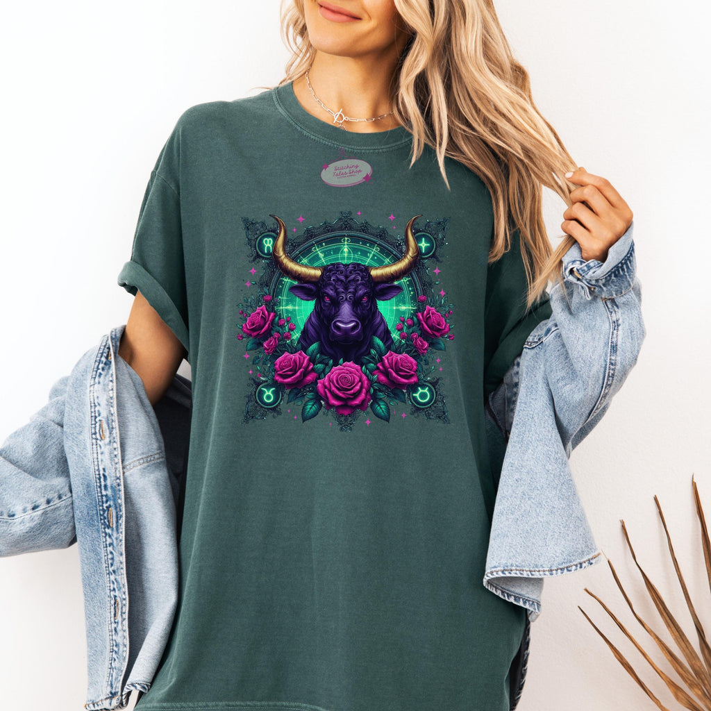 Taurus Zodiac Comfort Colors Tee, Celestial Bull & Roses