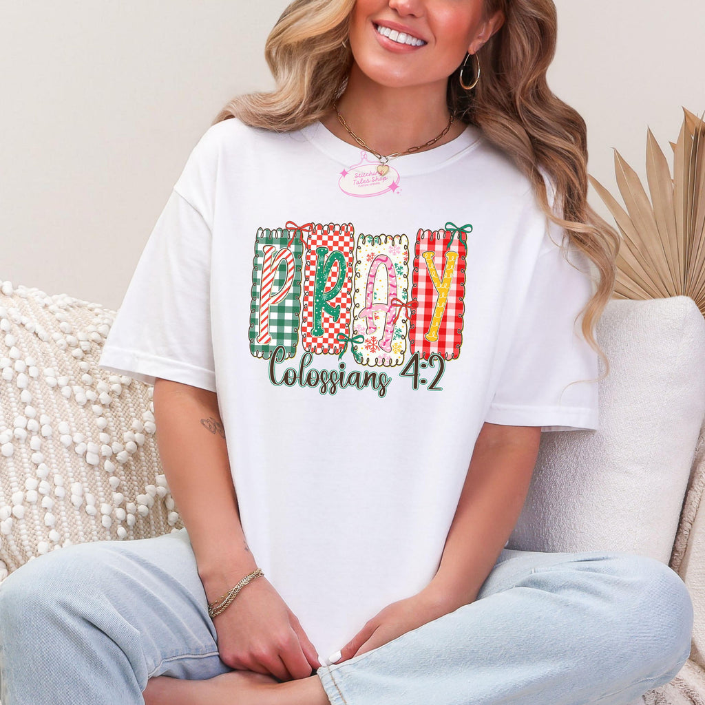 Pray Colossians 4:2 Shirt, Christian Christmas Shirt, Faith Patchwork Tee or Gildan Sweatshirt