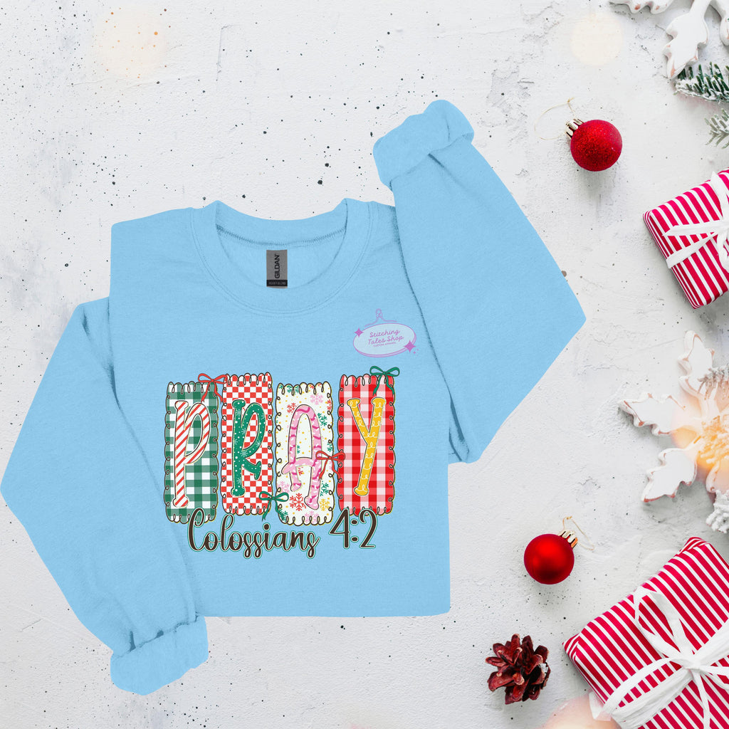 Pray Colossians 4:2 Shirt, Christian Christmas Shirt, Faith Patchwork Tee or Gildan Sweatshirt