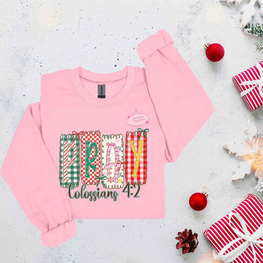 Pray Colossians 4:2 Shirt, Christian Christmas Shirt, Faith Patchwork Tee or Gildan Sweatshirt