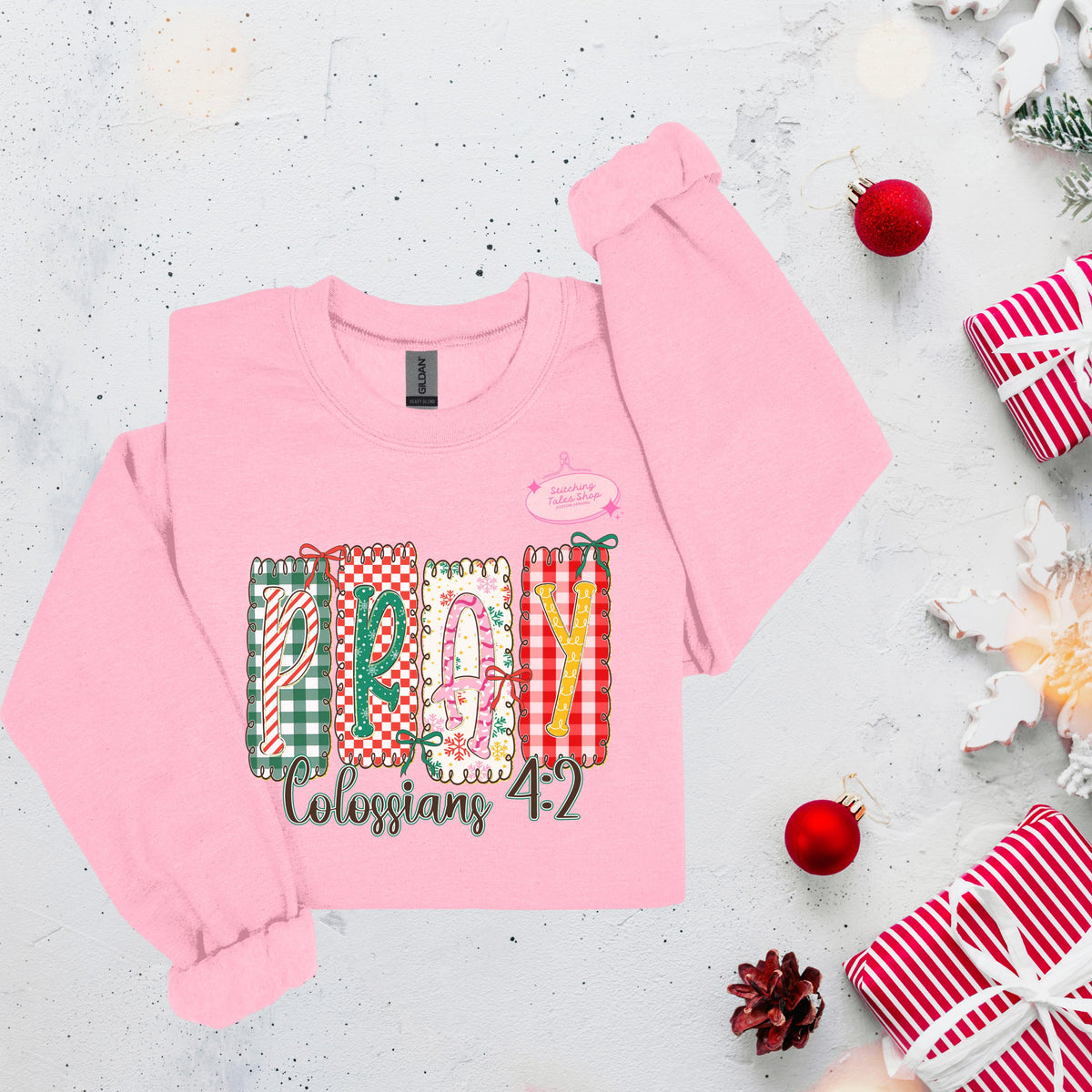 Pray Colossians 4:2 Shirt, Christian Christmas Shirt, Faith Patchwork Tee or Gildan Sweatshirt