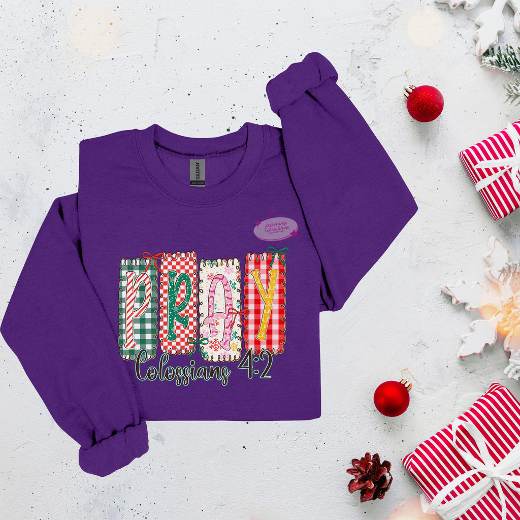 Pray Colossians 4:2 Shirt, Christian Christmas Shirt, Faith Patchwork Tee or Gildan Sweatshirt