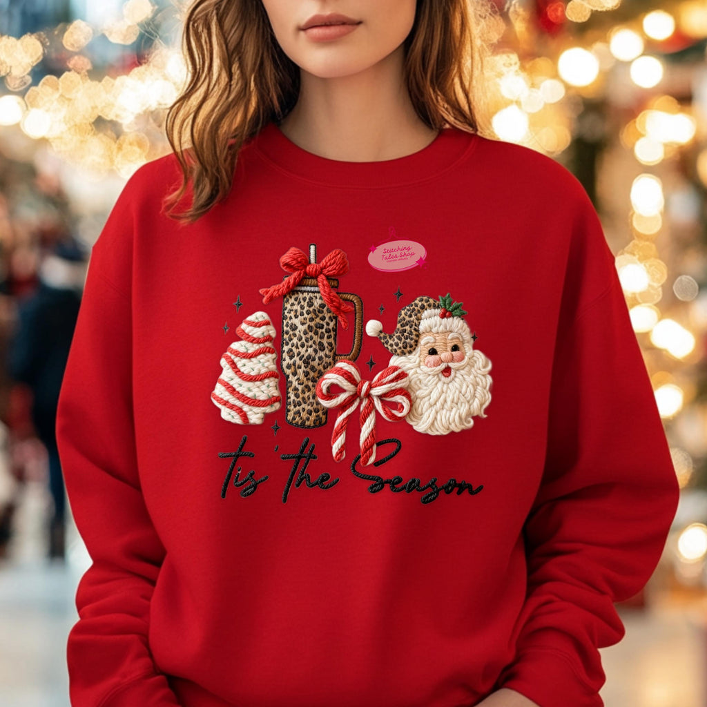Tis the Season Sweater, Faux Yarn Christmas Hoodie, Cozy Holiday Sweatshirt, Cute Santa Coffee Sweater, Festive Winter Hoodie