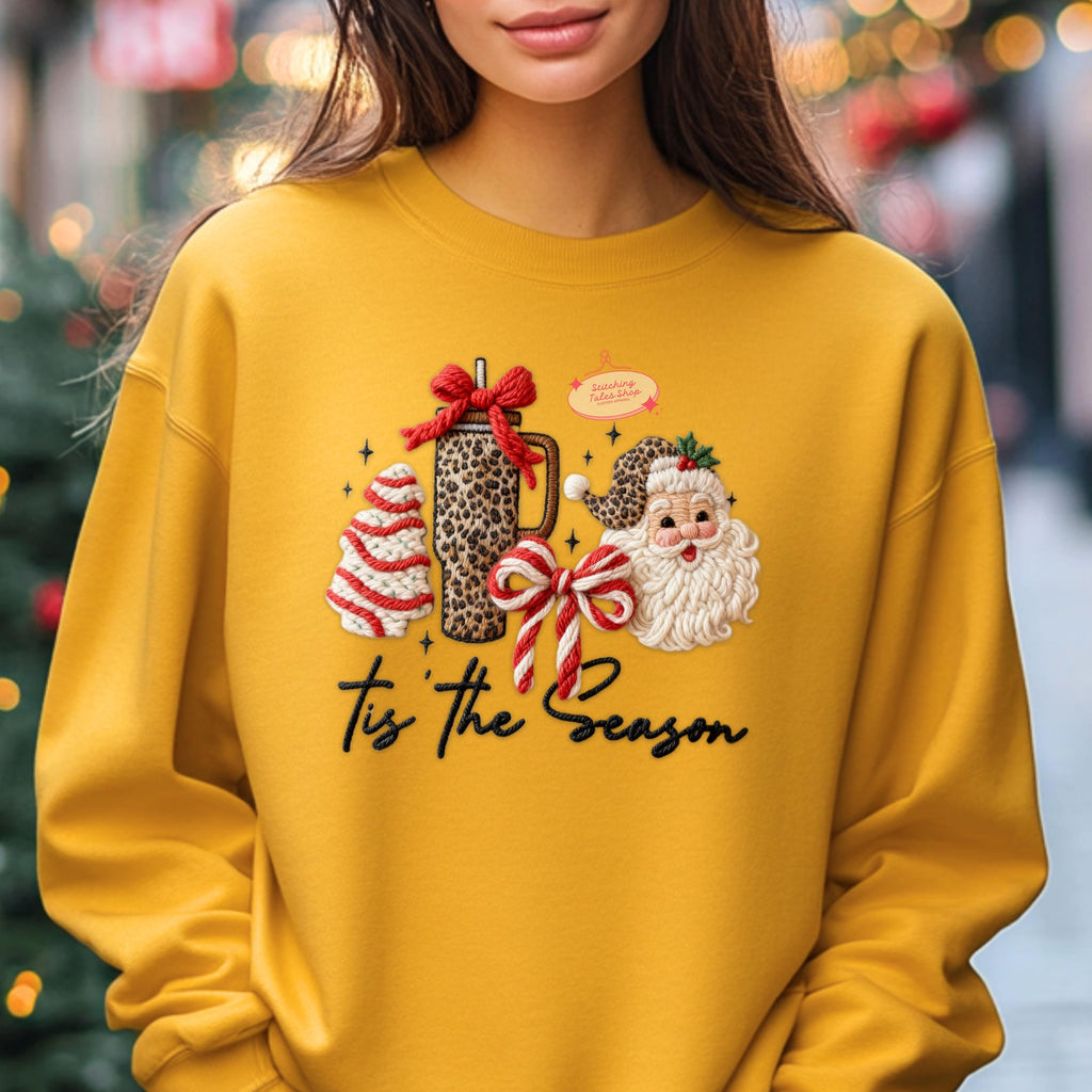 Tis the Season Sweater, Faux Yarn Christmas Hoodie, Cozy Holiday Sweatshirt, Cute Santa Coffee Sweater, Festive Winter Hoodie