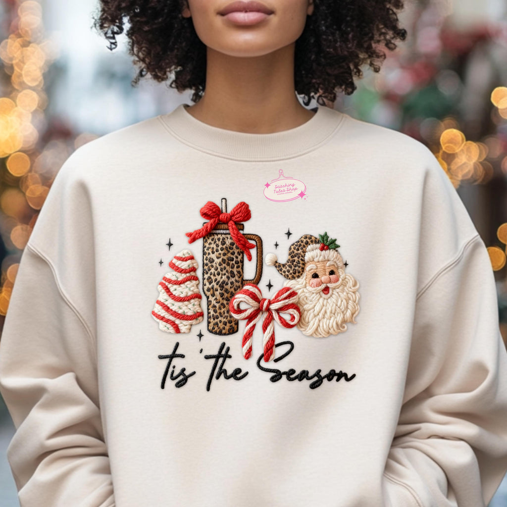 Tis the Season Sweater, Faux Yarn Christmas Hoodie, Cozy Holiday Sweatshirt, Cute Santa Coffee Sweater, Festive Winter Hoodie