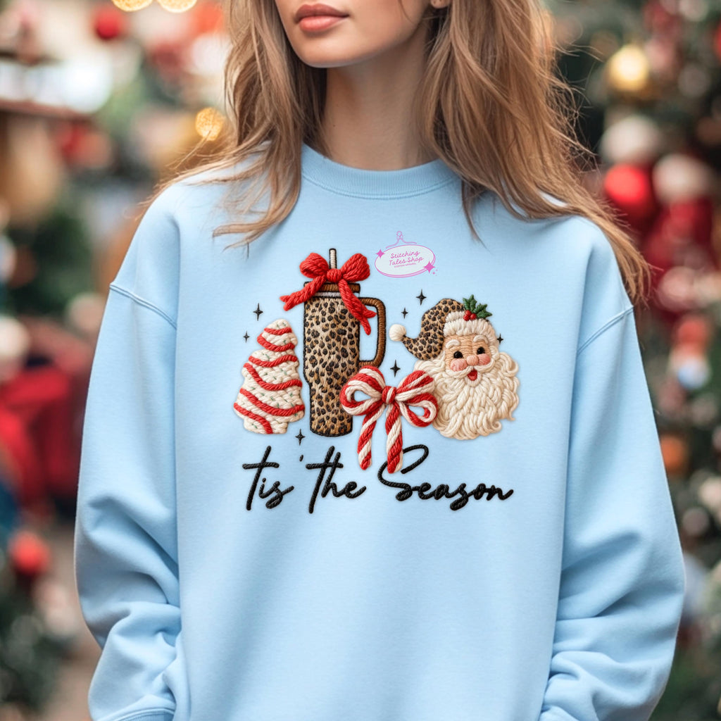 Tis the Season Sweater, Faux Yarn Christmas Hoodie, Cozy Holiday Sweatshirt, Cute Santa Coffee Sweater, Festive Winter Hoodie