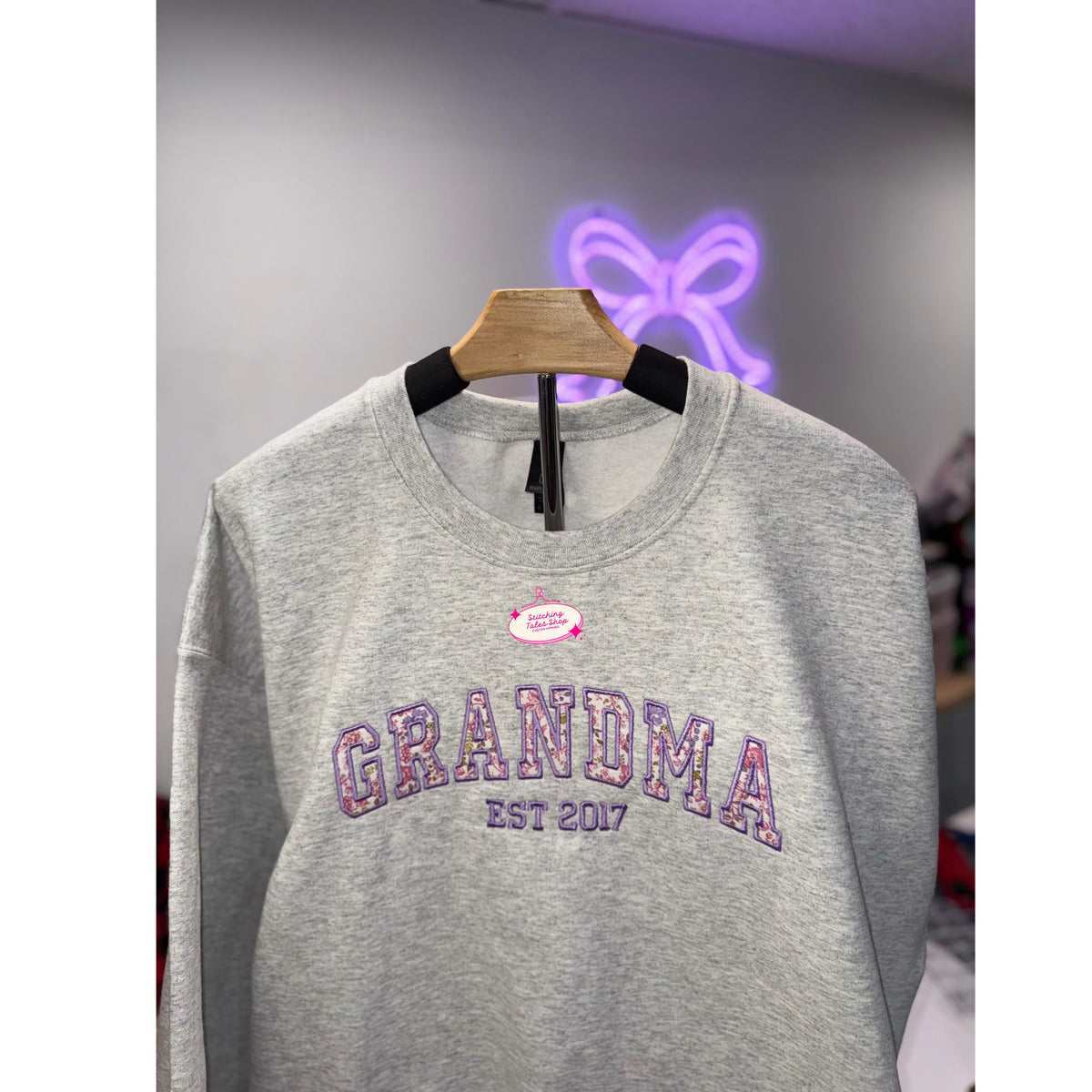 Custom Grandma Sweatshirt, Floral Appliqué, Personalized Sleeve, Established Year