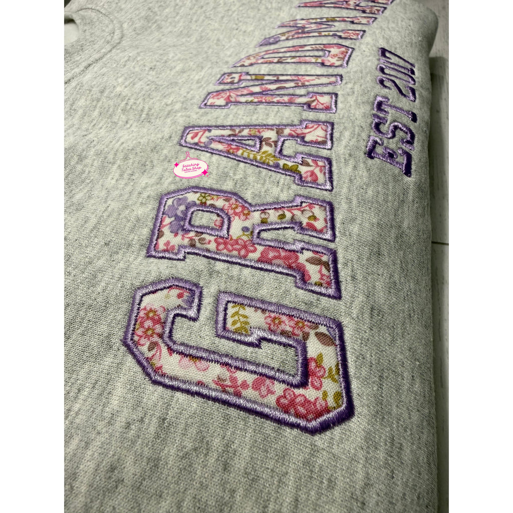 Custom Grandma Sweatshirt, Floral Appliqué, Personalized Sleeve, Established Year