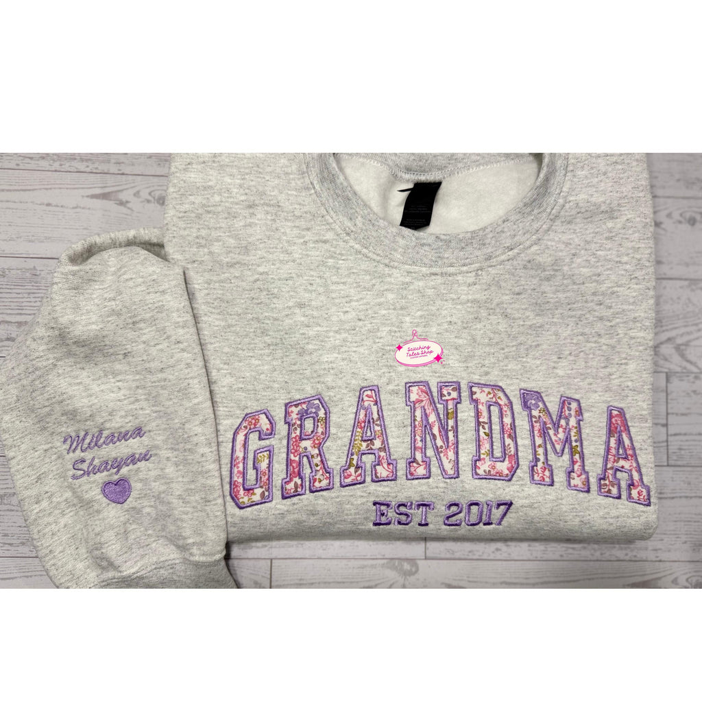 Custom Grandma Sweatshirt, Floral Appliqué, Personalized Sleeve, Established Year