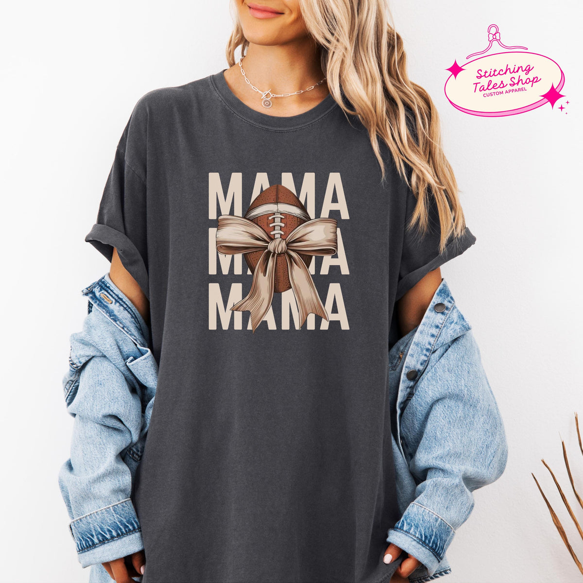 Football Mama Shirt, Game Day Comfort Colors 1717 Tee, Bow Design