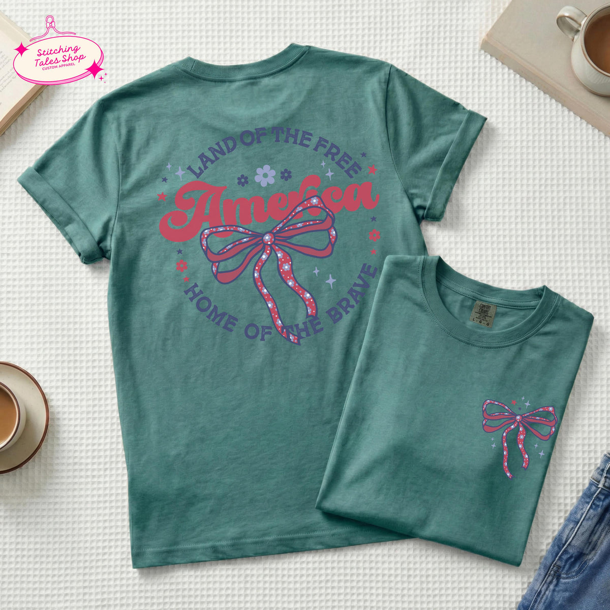 Coquette America Bow Graphic Tee, Comfort Colors 1717 Patriotic Shirt