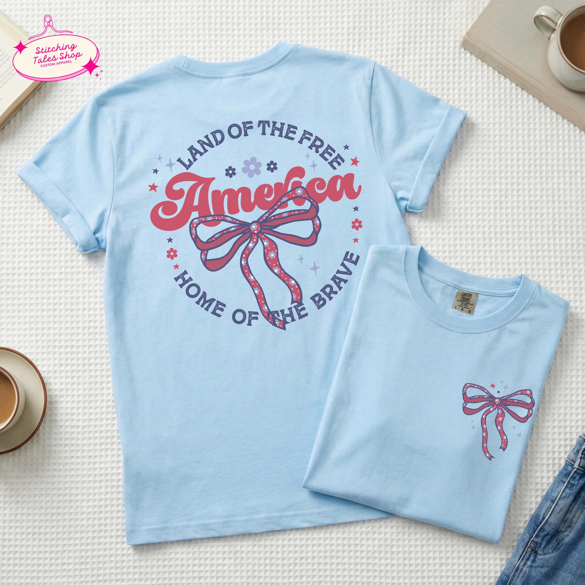 Coquette America Bow Graphic Tee, Comfort Colors 1717 Patriotic Shirt