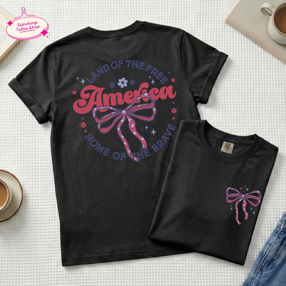 Coquette America Bow Graphic Tee, Comfort Colors 1717 Patriotic Shirt