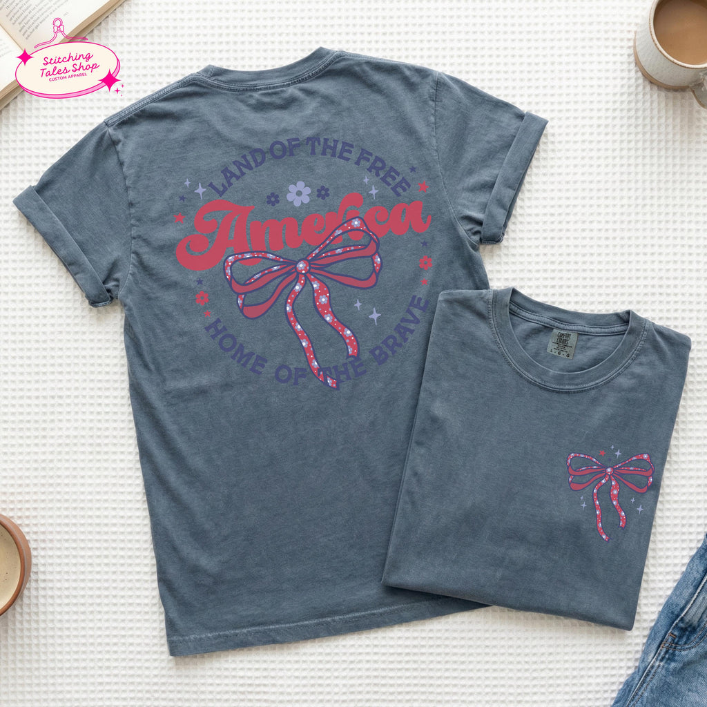 Coquette America Bow Graphic Tee, Comfort Colors 1717 Patriotic Shirt
