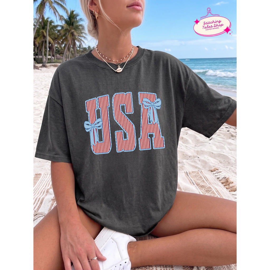 USA Bow Shirt, Patriotic Comfort Colors 1717 Tee, Summer Graphic Apparel