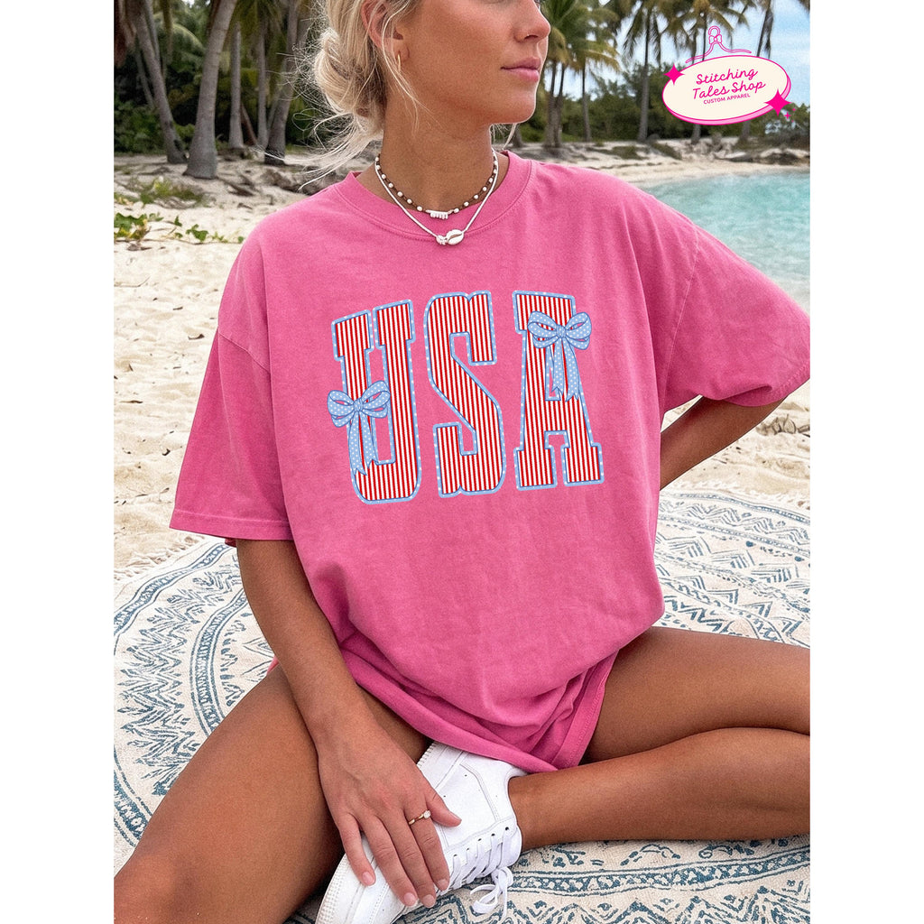 USA Bow Shirt, Patriotic Comfort Colors 1717 Tee, Summer Graphic Apparel