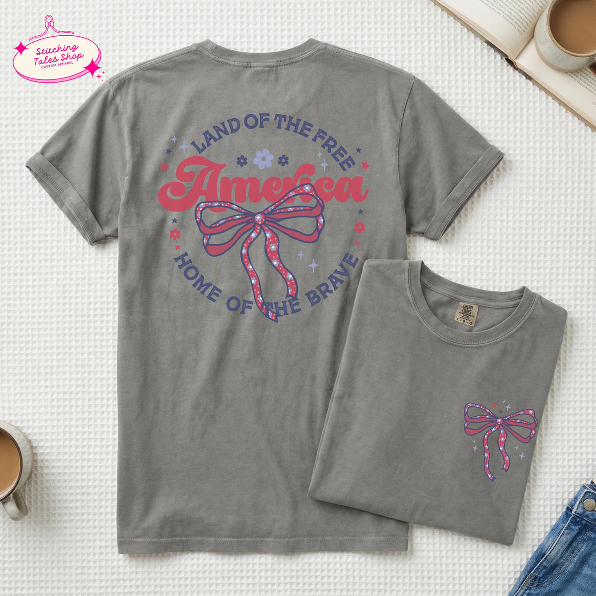 Coquette America Bow Graphic Tee, Comfort Colors 1717 Patriotic Shirt
