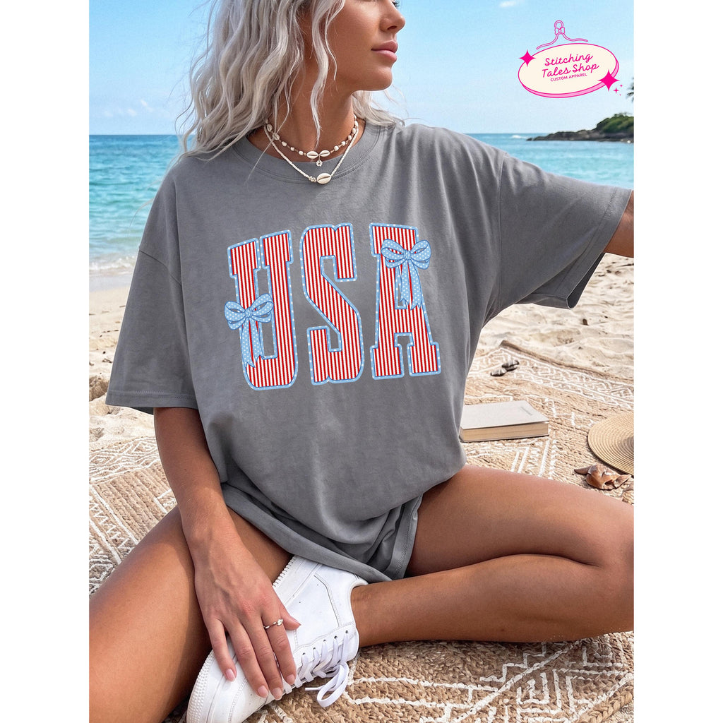 USA Bow Shirt, Patriotic Comfort Colors 1717 Tee, Summer Graphic Apparel