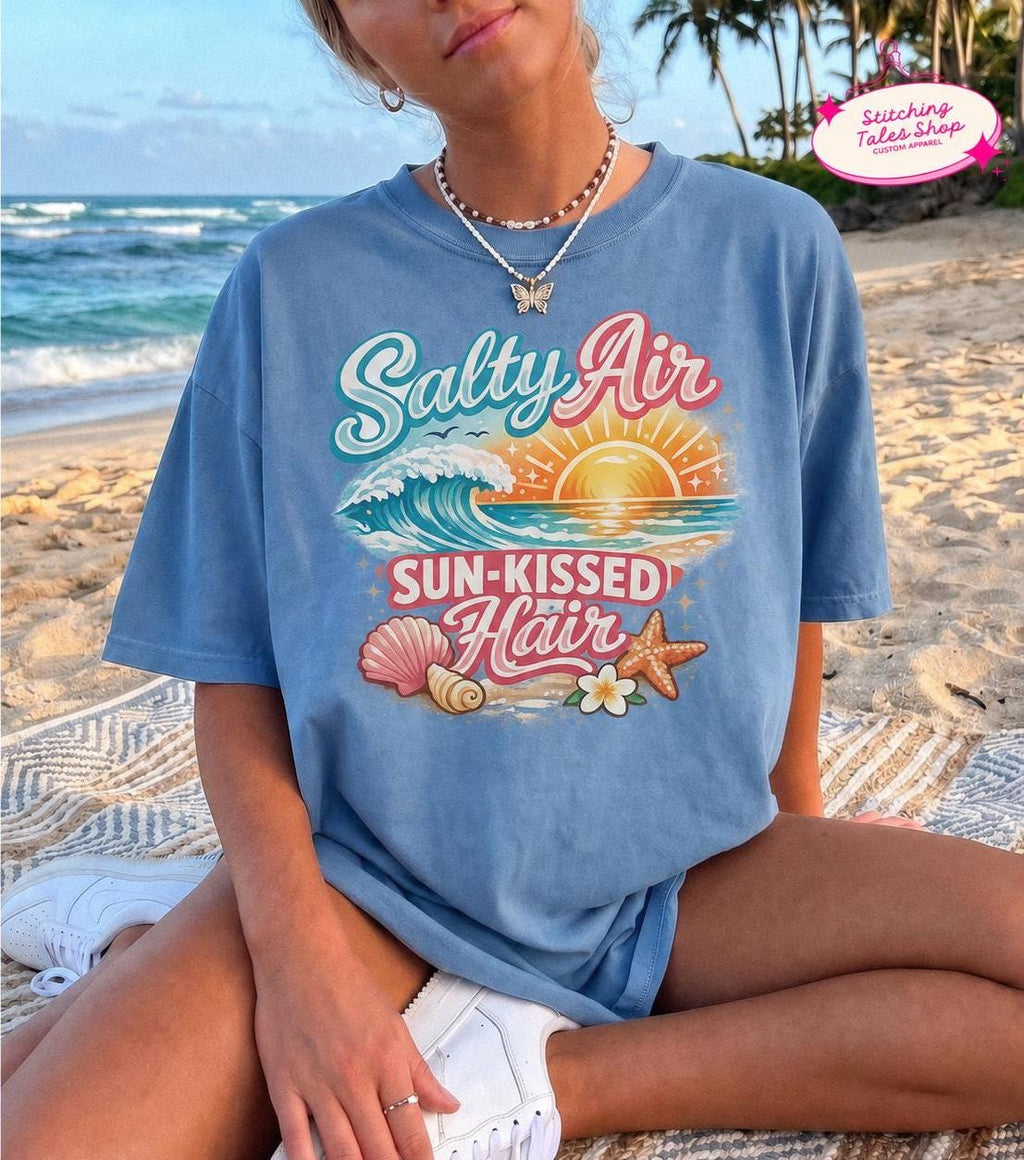 Salty Air Sun-Kissed Hair Shirt, Comfort Colors Beach T-Shirt, Coastal Summer Tee, Ocean Vacation Graphic Shirt