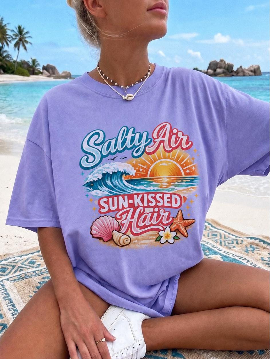 Salty Air Sun-Kissed Hair Shirt, Comfort Colors Beach T-Shirt, Coastal Summer Tee, Ocean Vacation Graphic Shirt