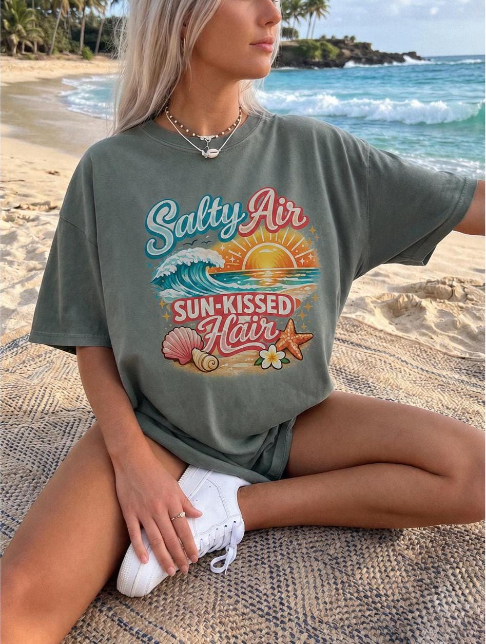 Salty Air Sun-Kissed Hair Shirt, Comfort Colors Beach T-Shirt, Coastal Summer Tee, Ocean Vacation Graphic Shirt