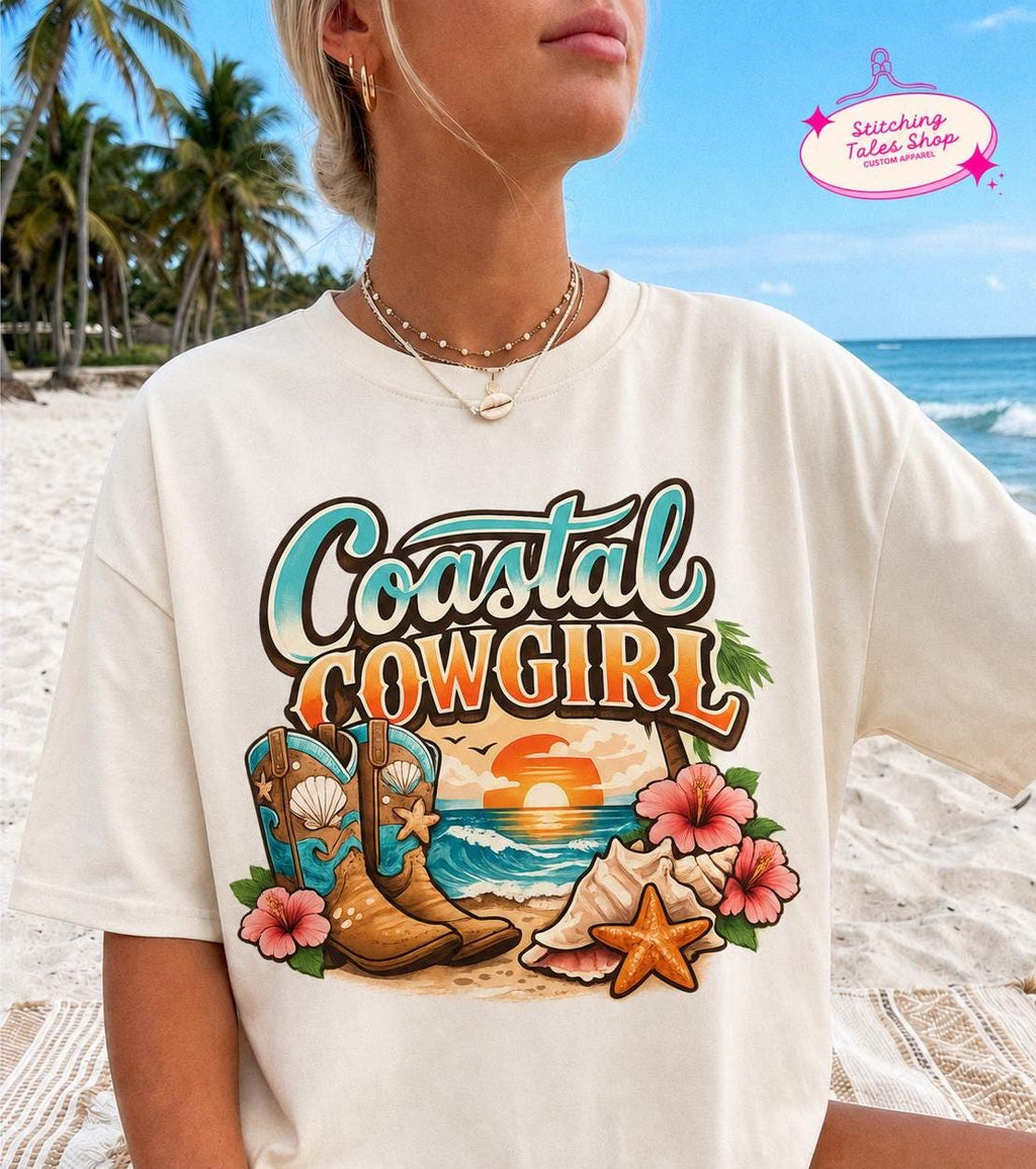 Coastal Cowgirl Shirt, Comfort Colors Beach Tee, Western Summer Graphic Shirt, Cowgirl Boots Ocean Vacation T-Shirt