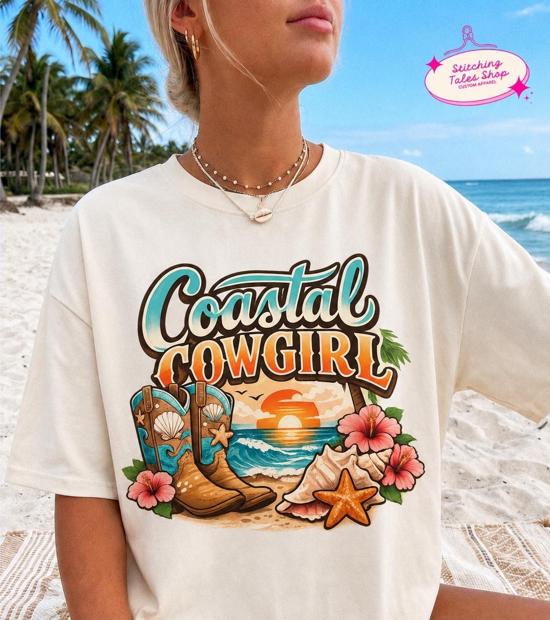 Coastal Cowgirl Shirt, Comfort Colors Beach Tee, Western Summer Graphic Shirt, Cowgirl Boots Ocean Vacation T-Shirt