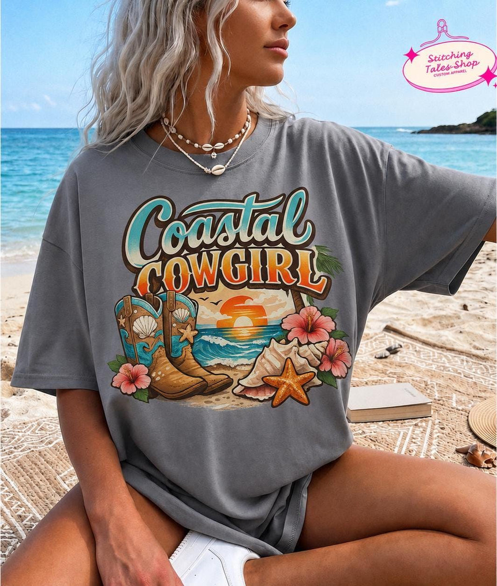 Coastal Cowgirl Shirt, Comfort Colors Beach Tee, Western Summer Graphic Shirt, Cowgirl Boots Ocean Vacation T-Shirt