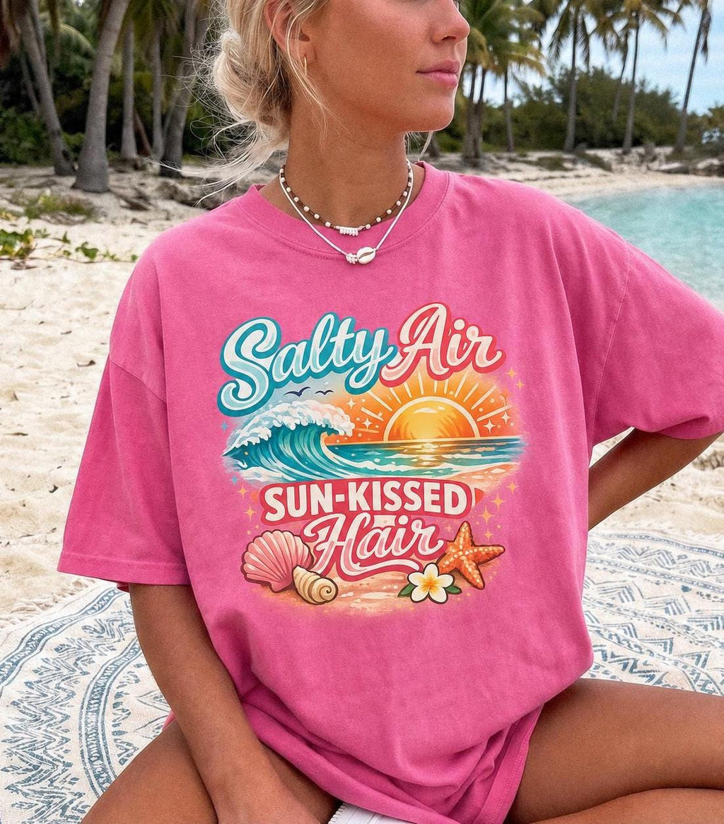 Salty Air Sun-Kissed Hair Shirt, Comfort Colors Beach T-Shirt, Coastal Summer Tee, Ocean Vacation Graphic Shirt