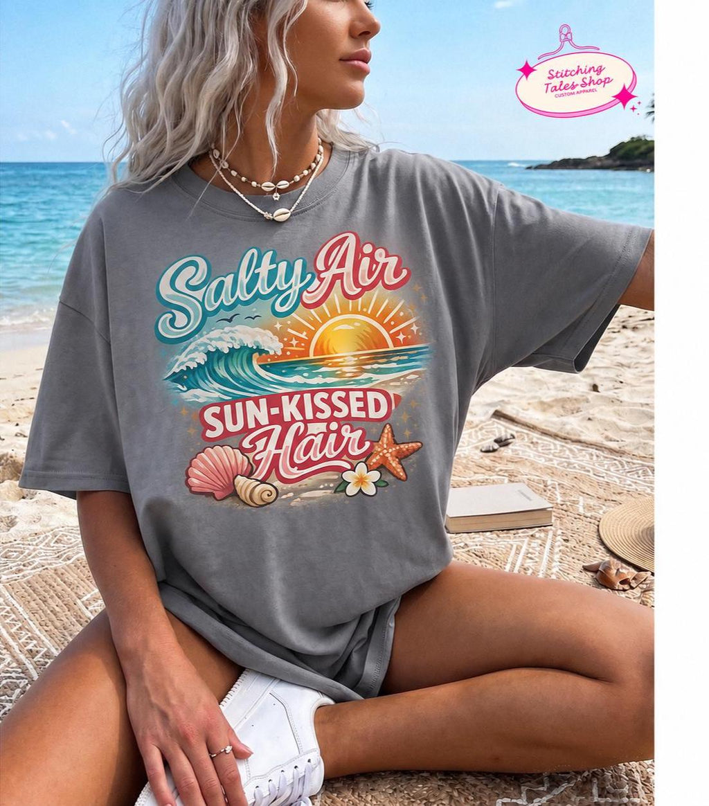 Salty Air Sun-Kissed Hair Shirt, Comfort Colors Beach T-Shirt, Coastal Summer Tee, Ocean Vacation Graphic Shirt