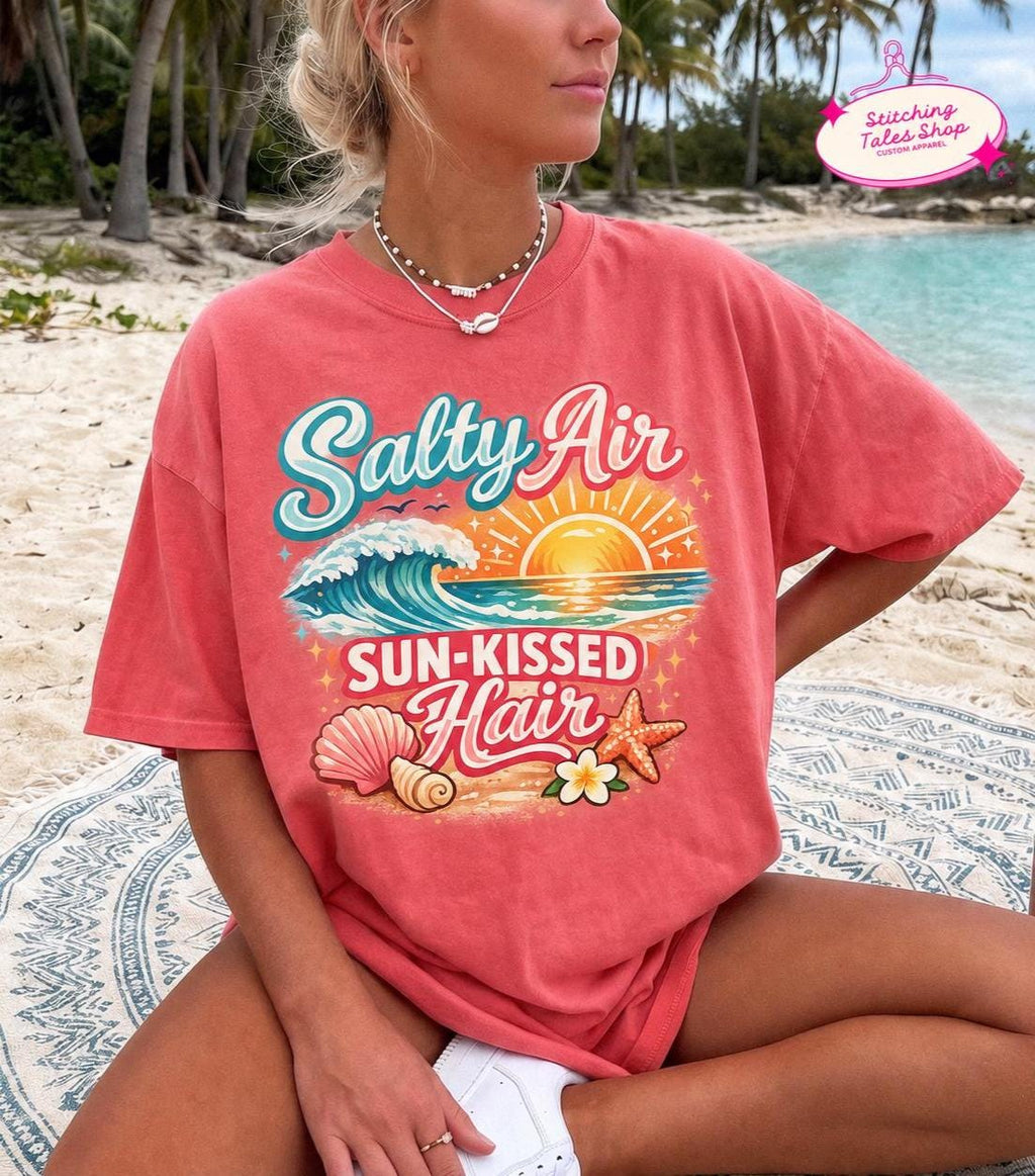 Salty Air Sun-Kissed Hair Shirt, Comfort Colors Beach T-Shirt, Coastal Summer Tee, Ocean Vacation Graphic Shirt