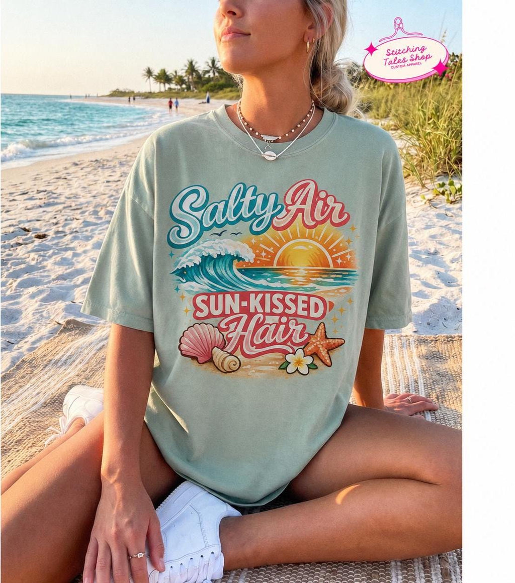 Salty Air Sun-Kissed Hair Shirt, Comfort Colors Beach T-Shirt, Coastal Summer Tee, Ocean Vacation Graphic Shirt