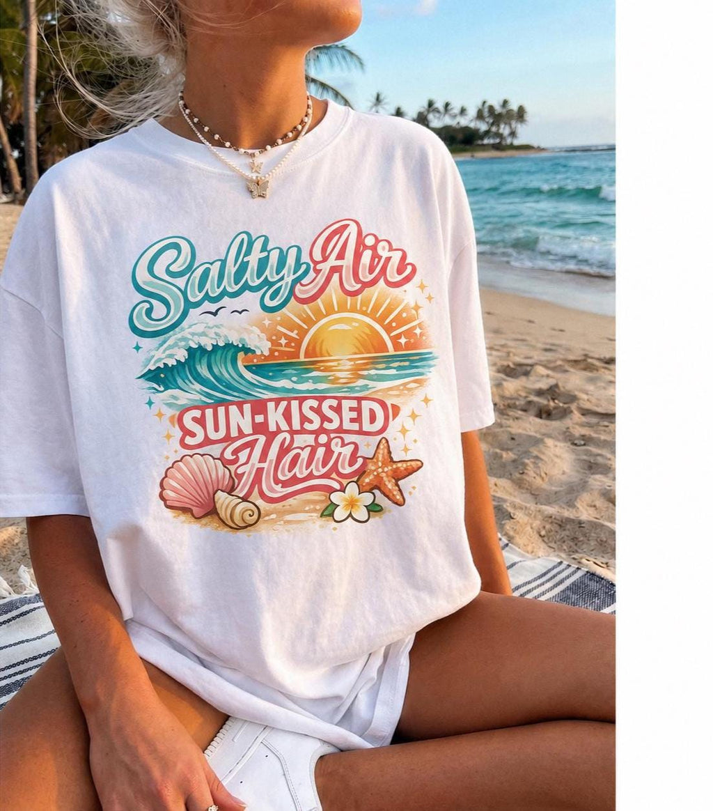 Salty Air Sun-Kissed Hair Shirt, Comfort Colors Beach T-Shirt, Coastal Summer Tee, Ocean Vacation Graphic Shirt