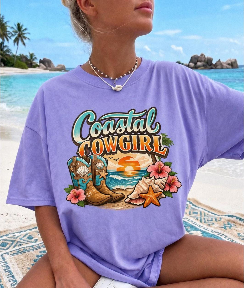 Coastal Cowgirl Shirt, Comfort Colors Beach Tee, Western Summer Graphic Shirt, Cowgirl Boots Ocean Vacation T-Shirt