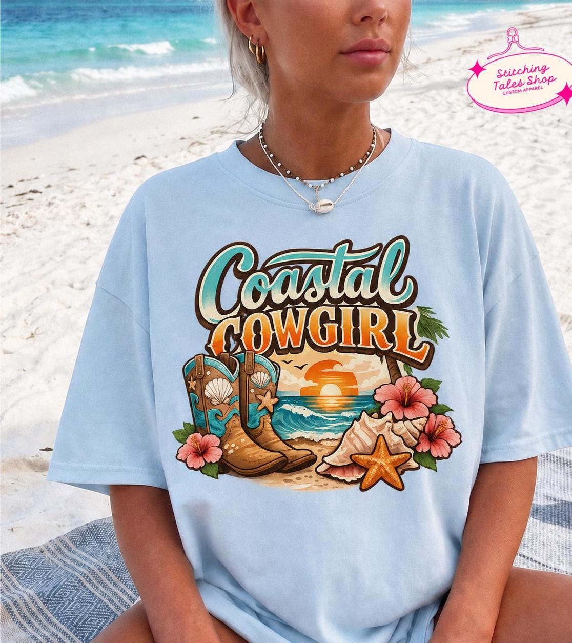 Coastal Cowgirl Shirt, Comfort Colors Beach Tee, Western Summer Graphic Shirt, Cowgirl Boots Ocean Vacation T-Shirt