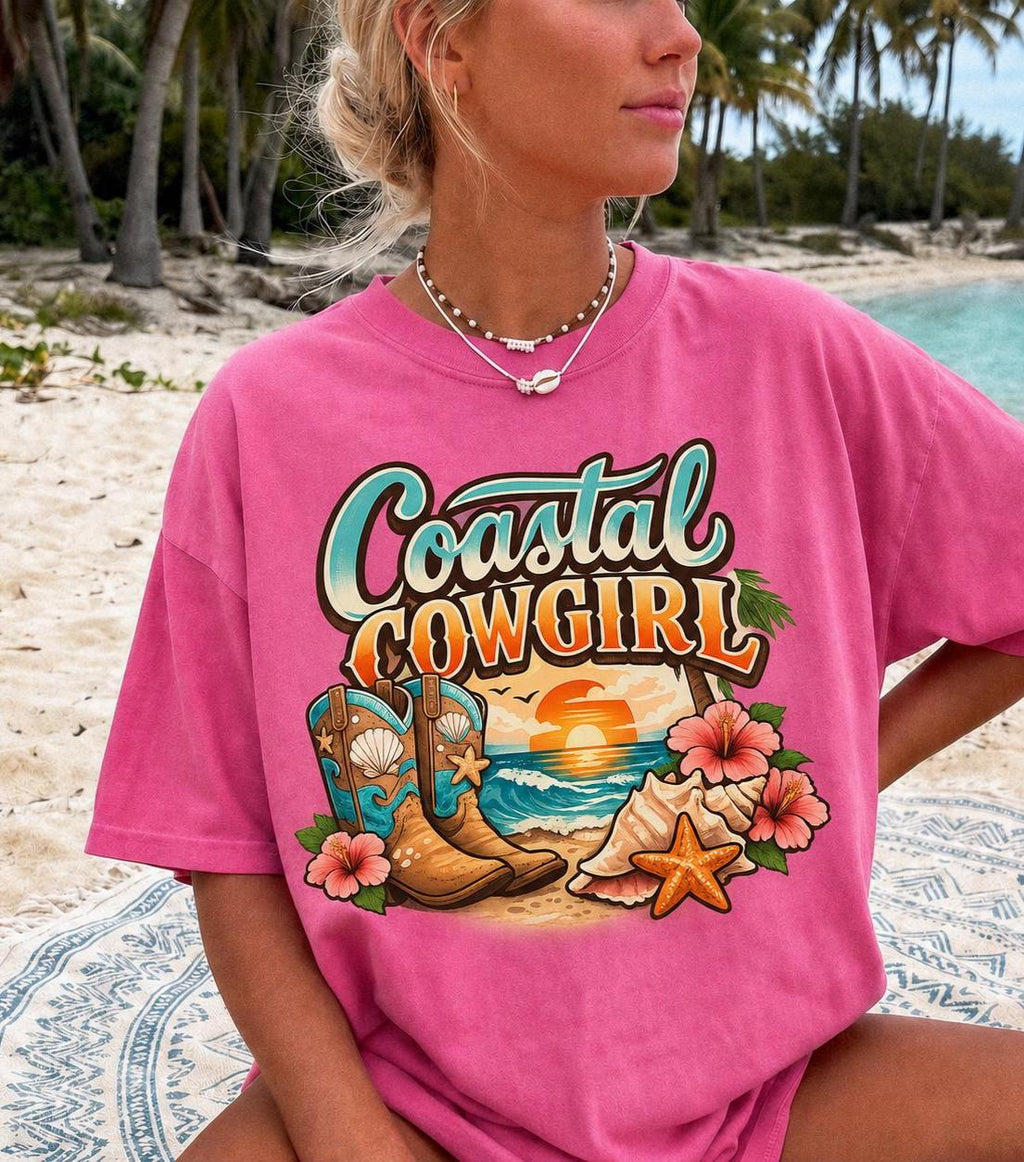 Coastal Cowgirl Shirt, Comfort Colors Beach Tee, Western Summer Graphic Shirt, Cowgirl Boots Ocean Vacation T-Shirt