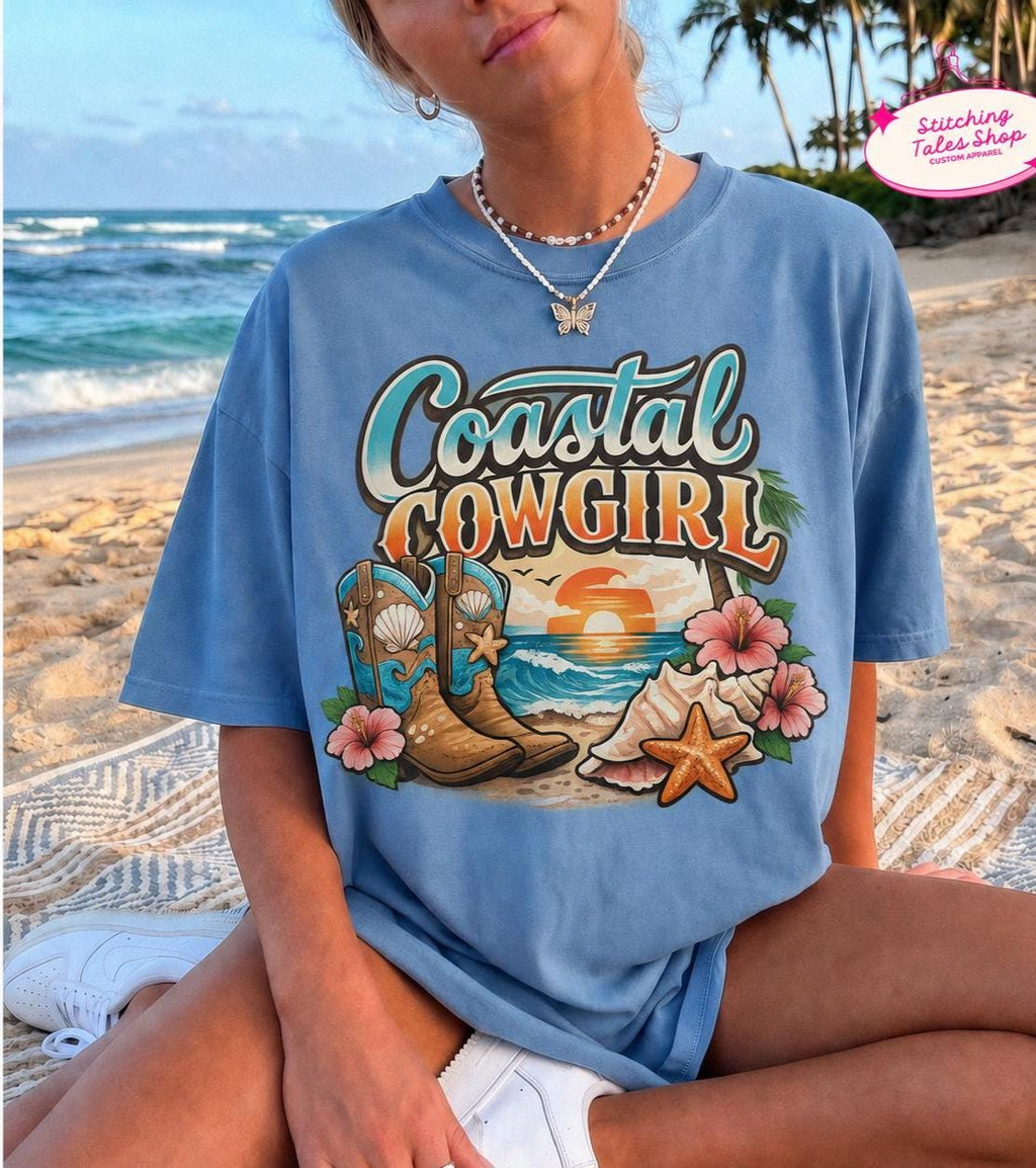 Coastal Cowgirl Shirt, Comfort Colors Beach Tee, Western Summer Graphic Shirt, Cowgirl Boots Ocean Vacation T-Shirt