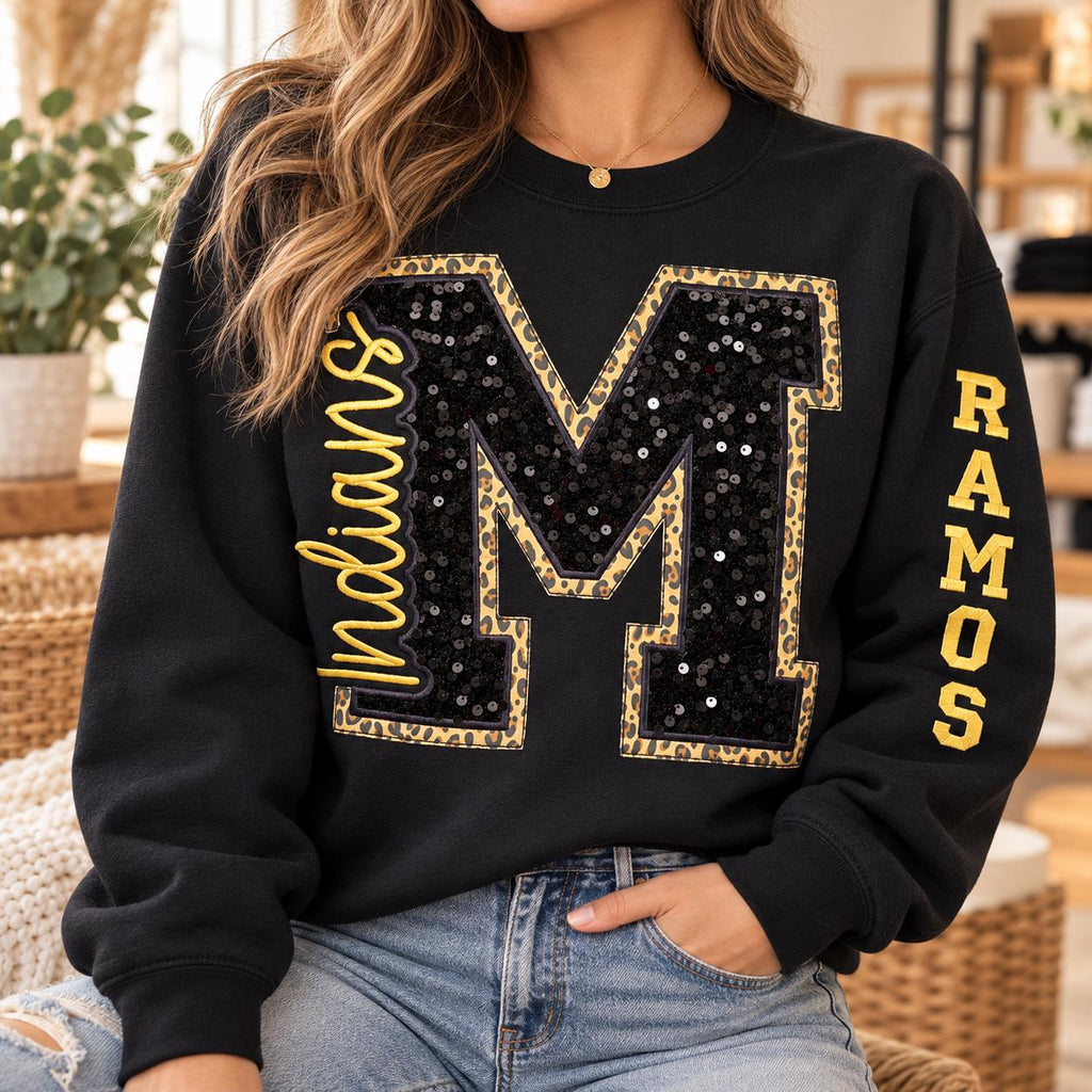 Custom School Spirit Sequin Sweatshirt , Personalized Varsity Letter Crewneck , School Colors , Embroidered Name & Sleeve